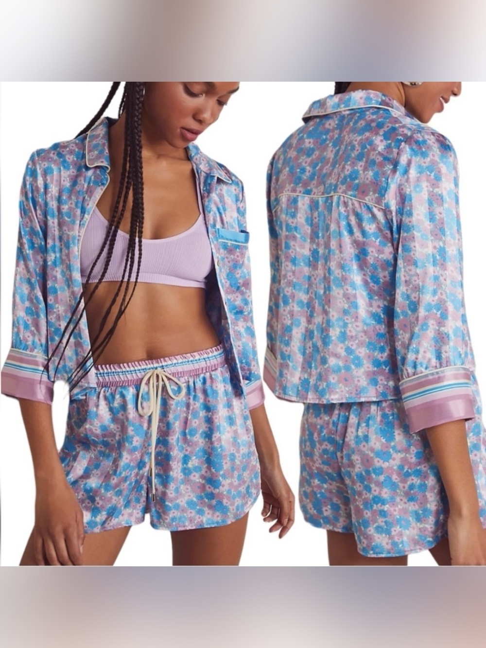 Free People Intimately Pillow Talk Satin Pajama Set Cool Lavender Combo Sz XS/S